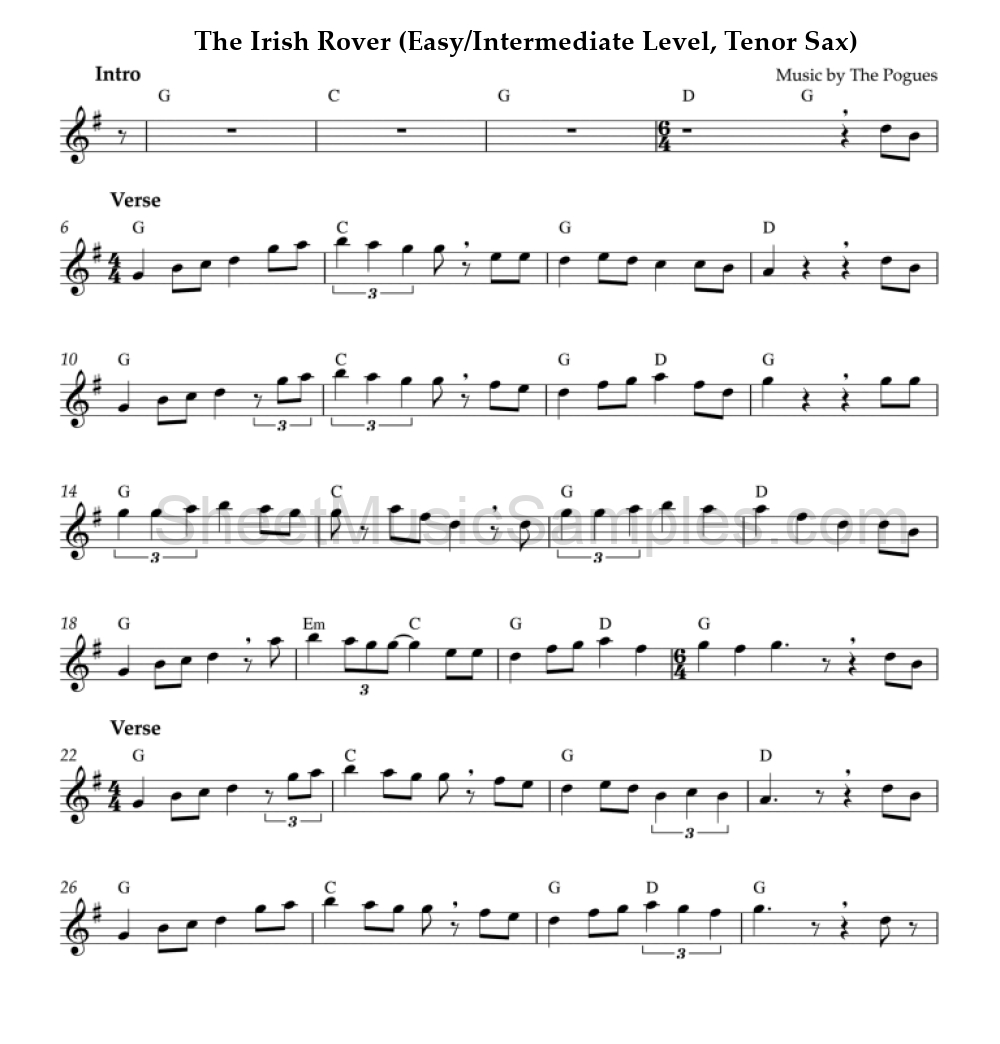 The Irish Rover (Easy/Intermediate Level, Tenor Sax)