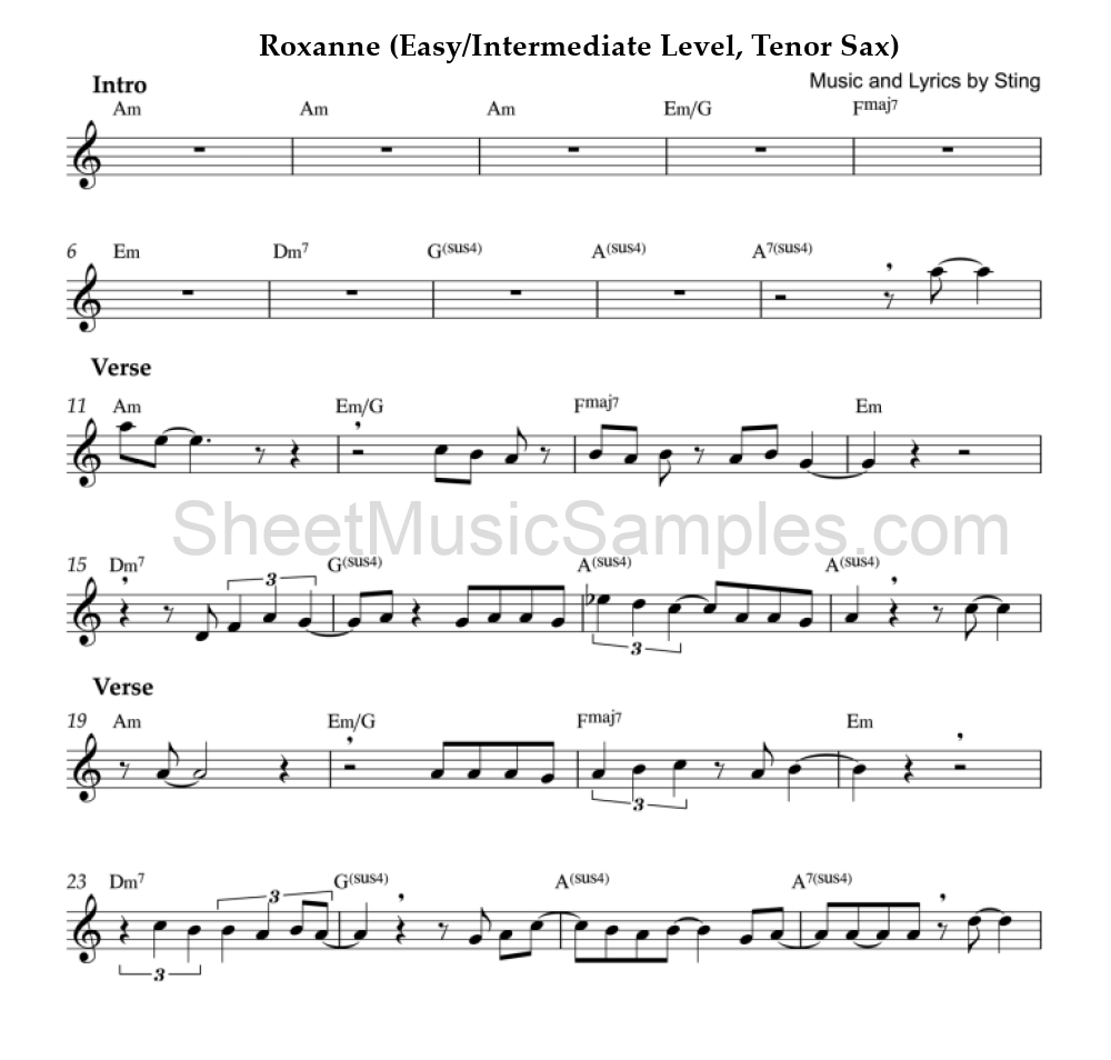 Roxanne (Easy/Intermediate Level, Tenor Sax)