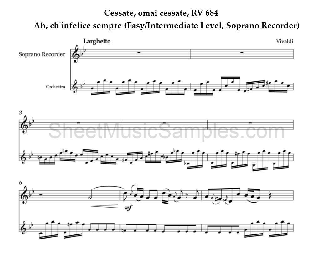 Cessate, omai cessate, RV 684 - Ah, ch'infelice sempre (Easy/Intermediate Level, Soprano Recorder)