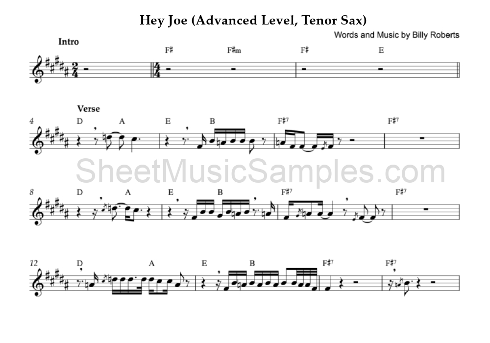 Hey Joe (Advanced Level, Tenor Sax)