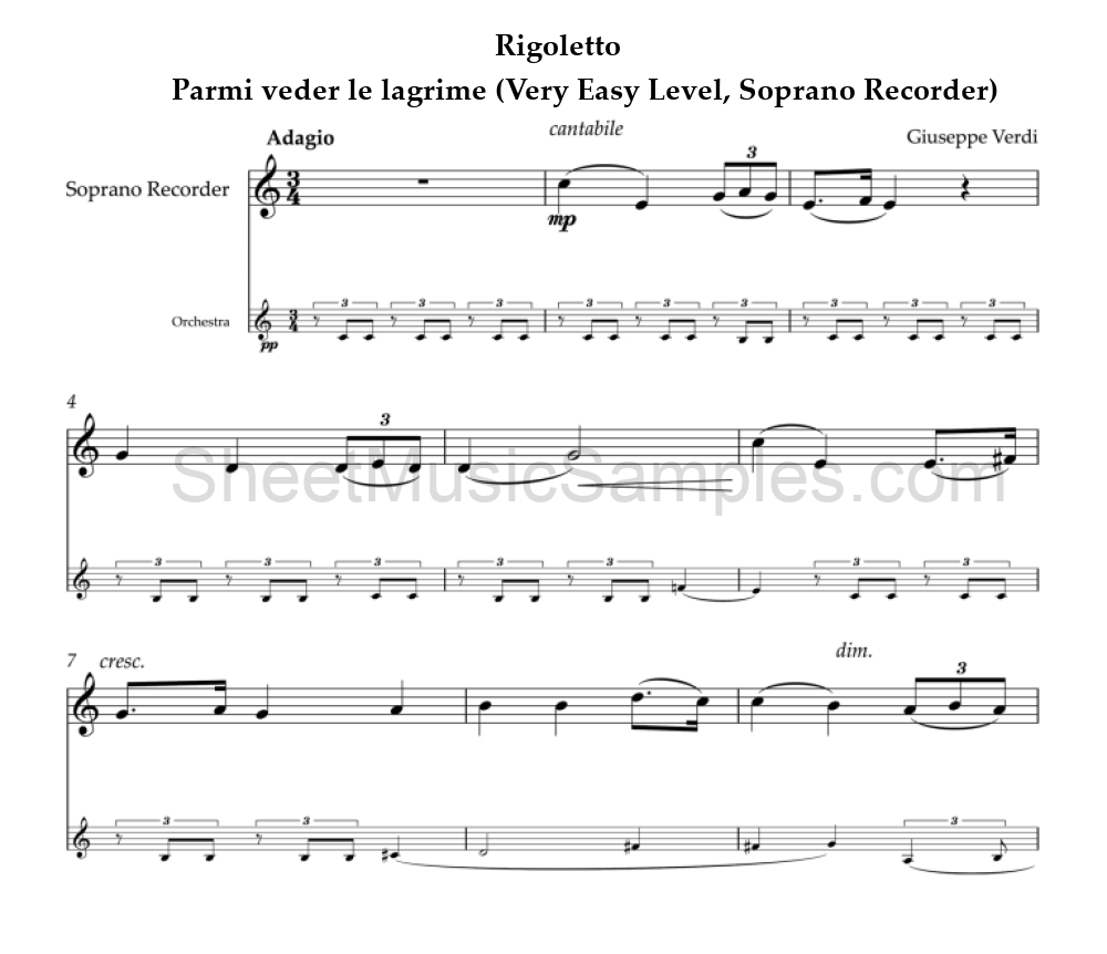 Rigoletto - Parmi veder le lagrime (Very Easy Level, Soprano Recorder)