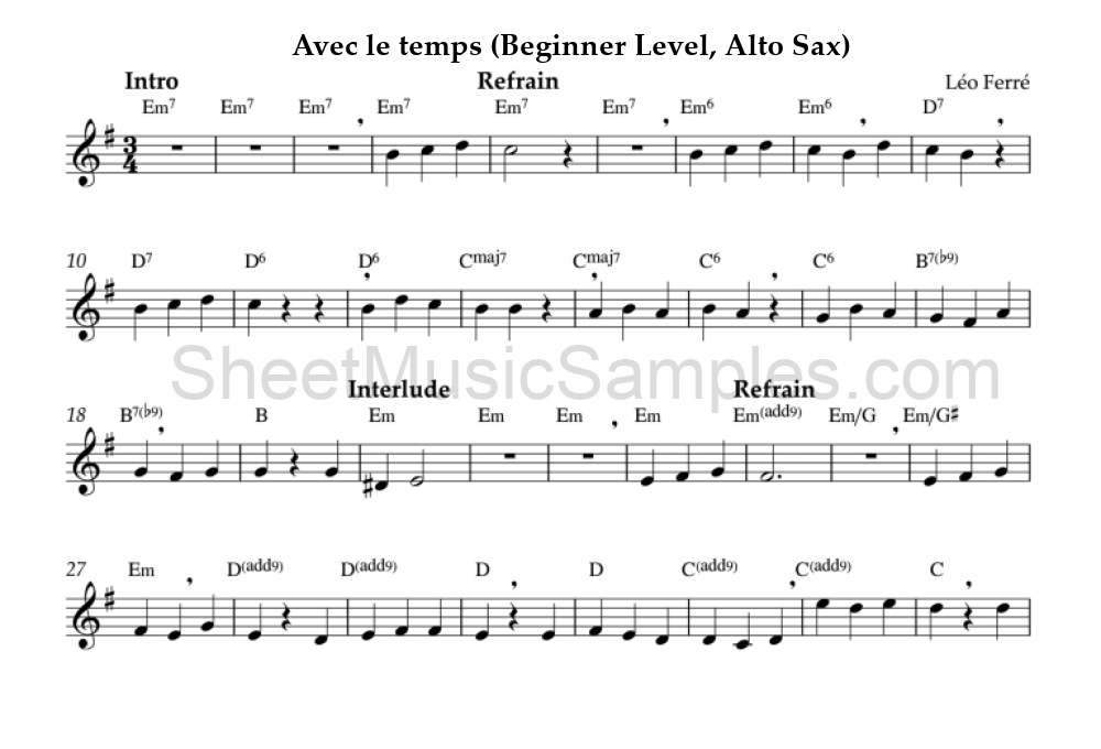 Avec le temps (Beginner Level, Alto Sax)