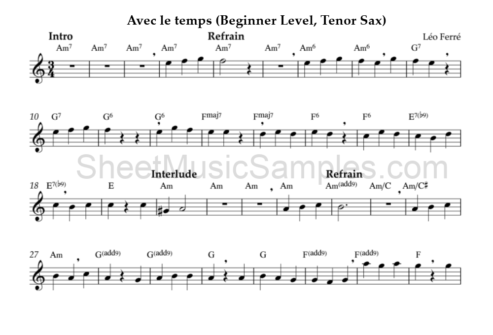 Avec le temps (Beginner Level, Tenor Sax)