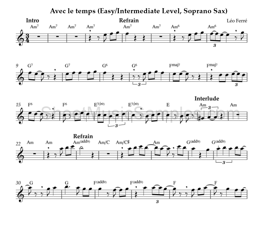 Avec le temps (Easy/Intermediate Level, Soprano Sax)