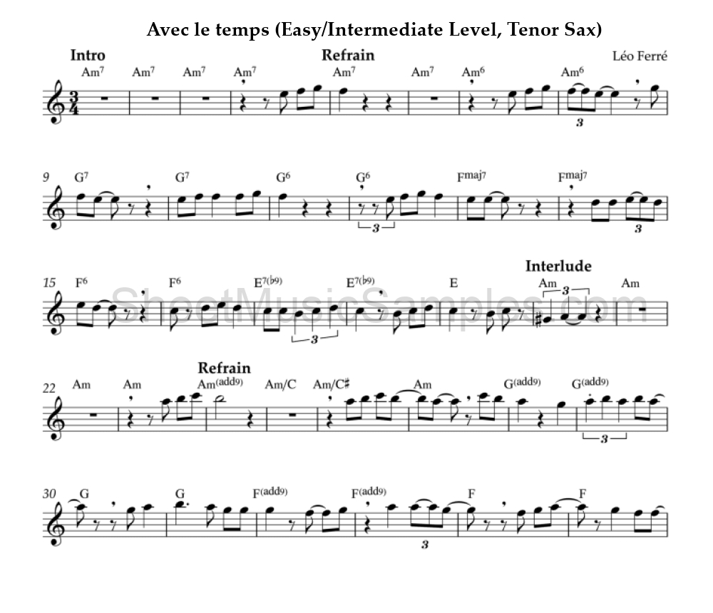 Avec le temps (Easy/Intermediate Level, Tenor Sax)