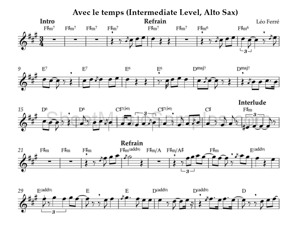 Avec le temps (Intermediate Level, Alto Sax)