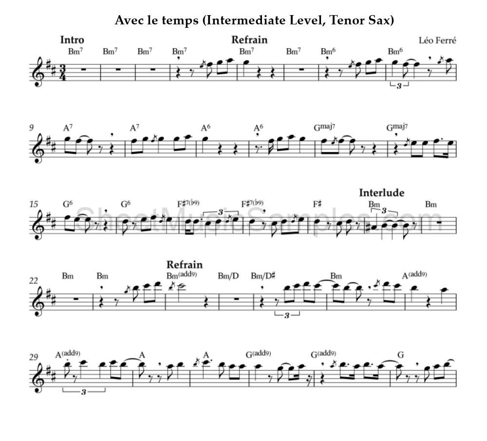 Avec le temps (Intermediate Level, Tenor Sax)