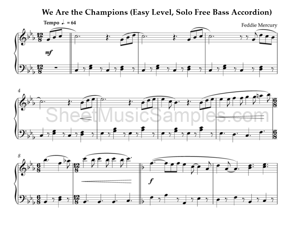 We Are the Champions (Easy Level, Solo Free Bass Accordion)