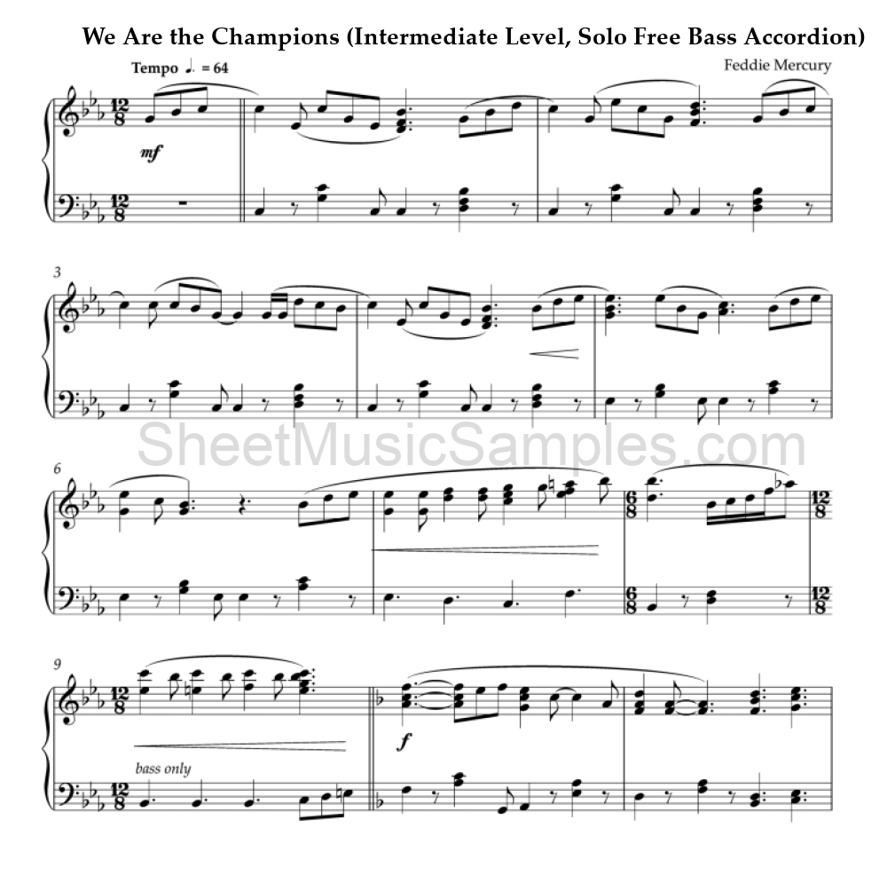 We Are the Champions (Intermediate Level, Solo Free Bass Accordion)