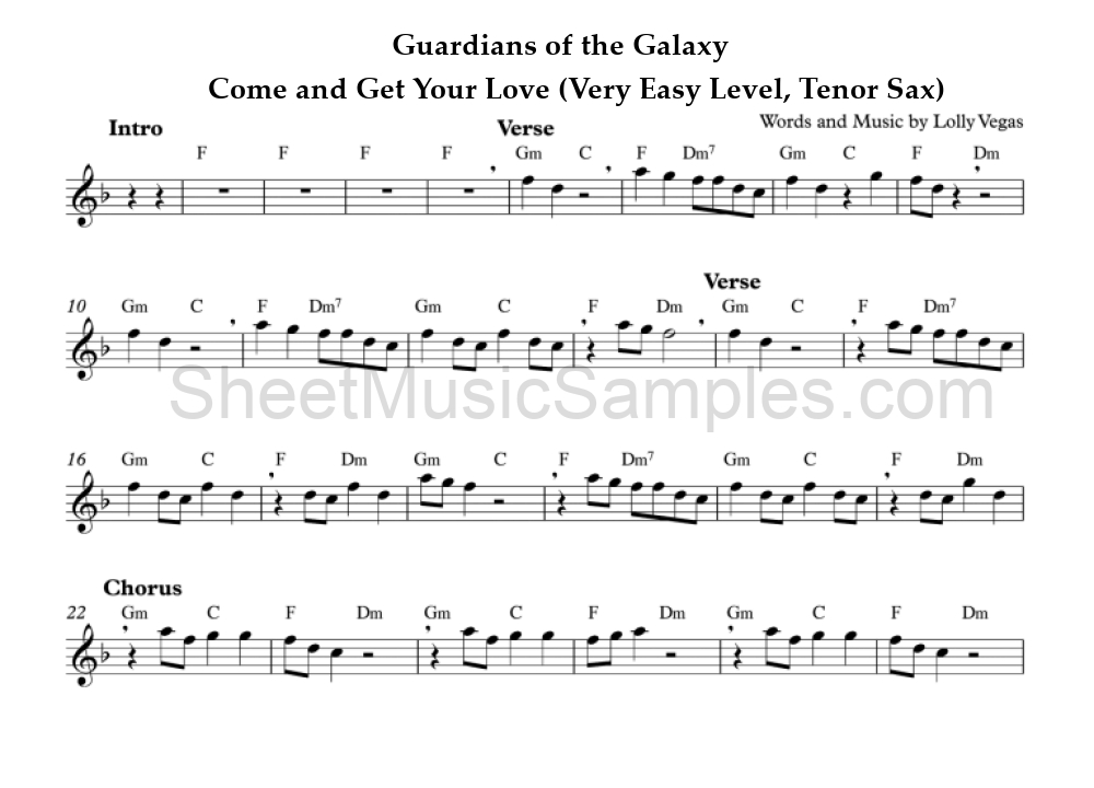 Guardians of the Galaxy - Come and Get Your Love (Very Easy Level, Tenor Sax)