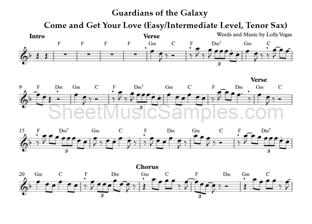 Guardians of the Galaxy - Come and Get Your Love (Easy/Intermediate Level, Tenor Sax)