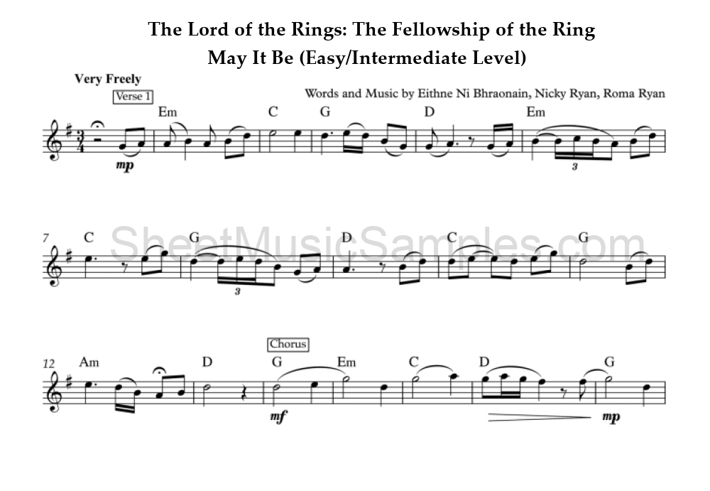 The Lord of the Rings: The Fellowship of the Ring - May It Be (Easy/Intermediate Level)