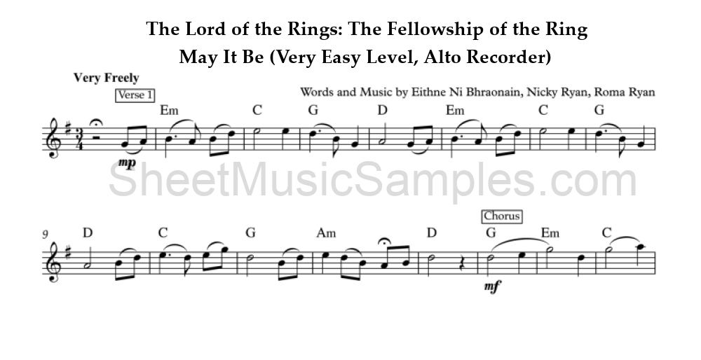 The Lord of the Rings: The Fellowship of the Ring - May It Be (Very Easy Level, Alto Recorder)