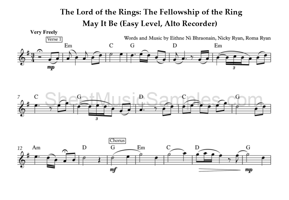 The Lord of the Rings: The Fellowship of the Ring - May It Be (Easy Level, Alto Recorder)