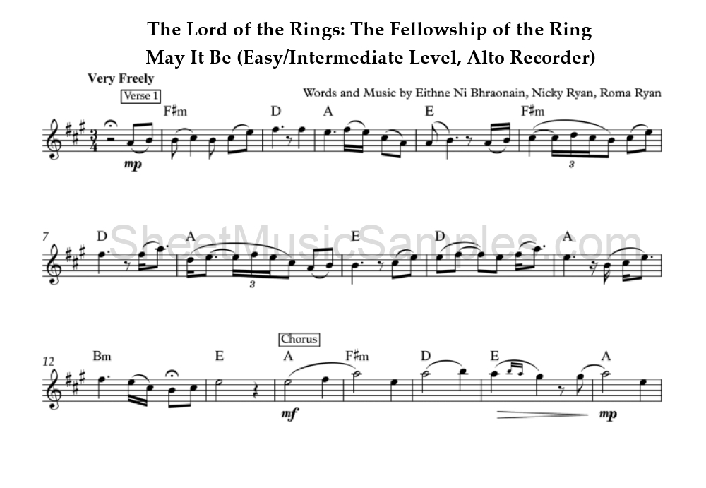 The Lord of the Rings: The Fellowship of the Ring - May It Be (Easy/Intermediate Level, Alto Recorder)