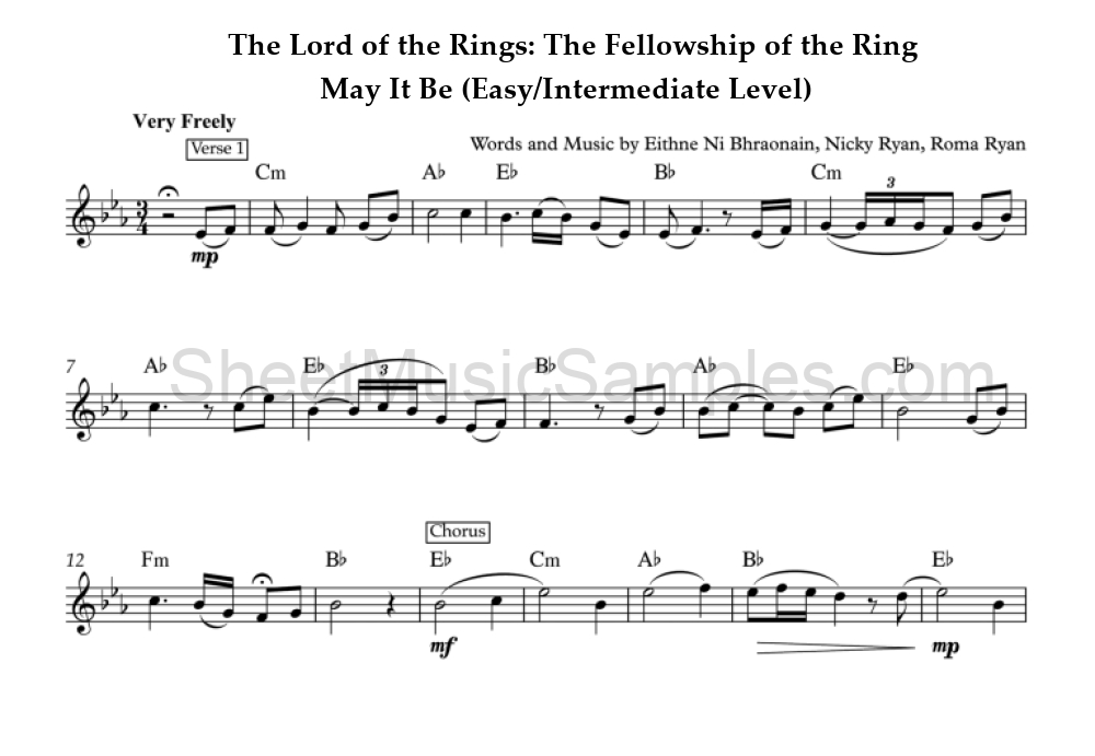 The Lord of the Rings: The Fellowship of the Ring - May It Be (Easy/Intermediate Level)