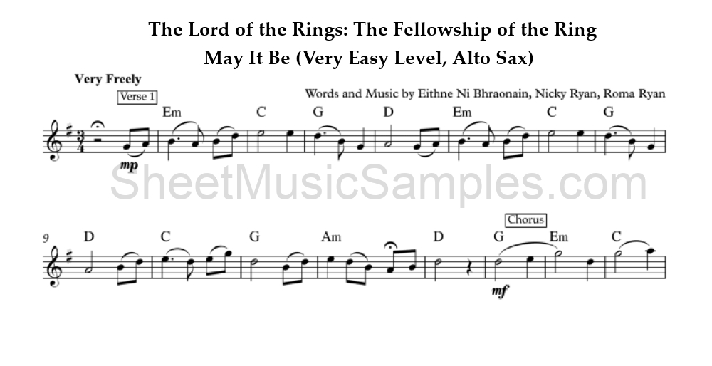 The Lord of the Rings: The Fellowship of the Ring - May It Be (Very Easy Level, Alto Sax)