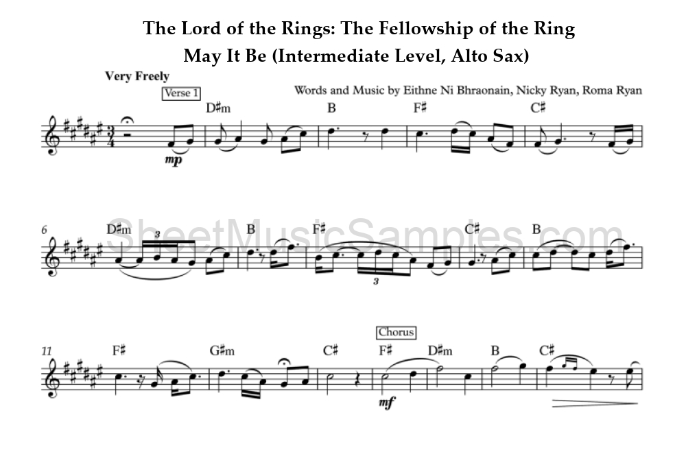 The Lord of the Rings: The Fellowship of the Ring - May It Be (Intermediate Level, Alto Sax)