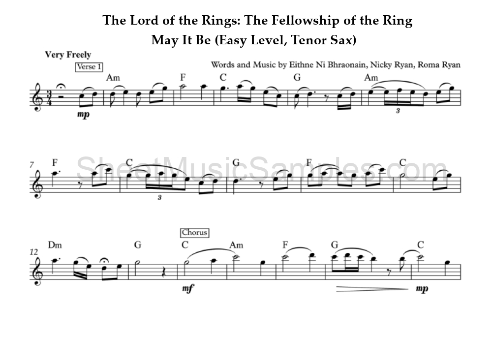 The Lord of the Rings: The Fellowship of the Ring - May It Be (Easy Level, Tenor Sax)