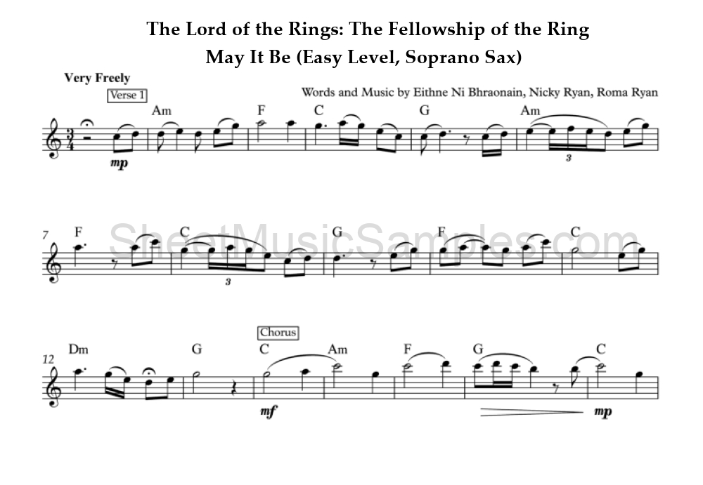 The Lord of the Rings: The Fellowship of the Ring - May It Be (Easy Level, Soprano Sax)