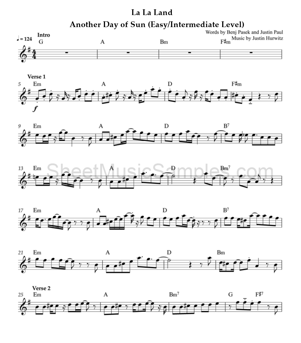 La La Land - Another Day of Sun (Easy/Intermediate Level)