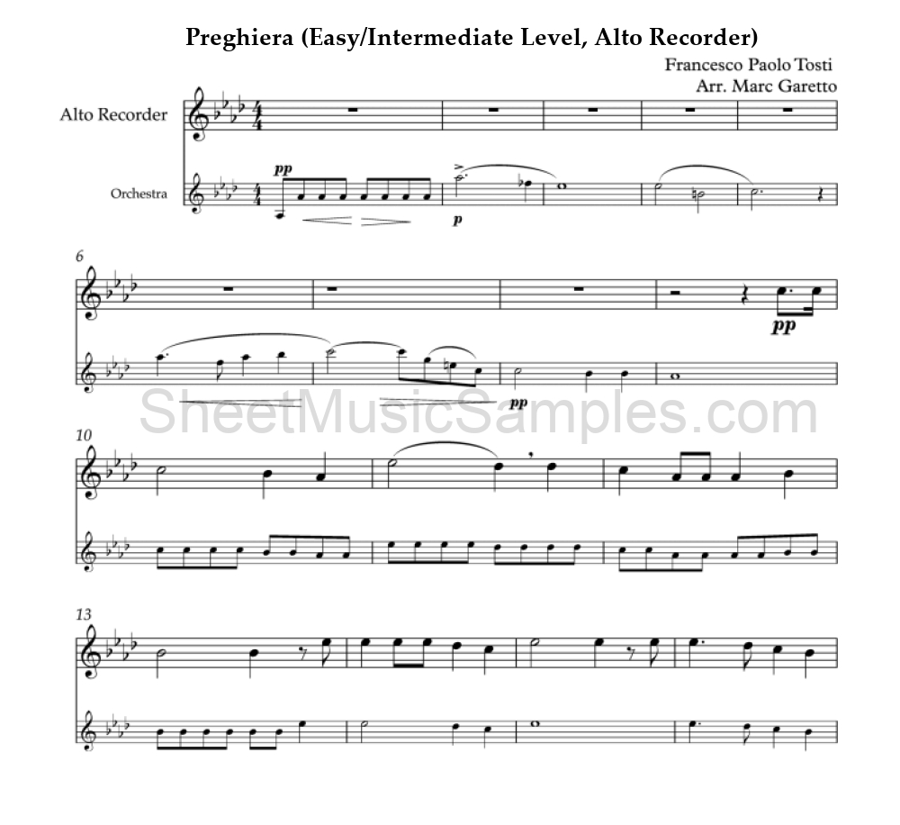 Preghiera (Easy/Intermediate Level, Alto Recorder)