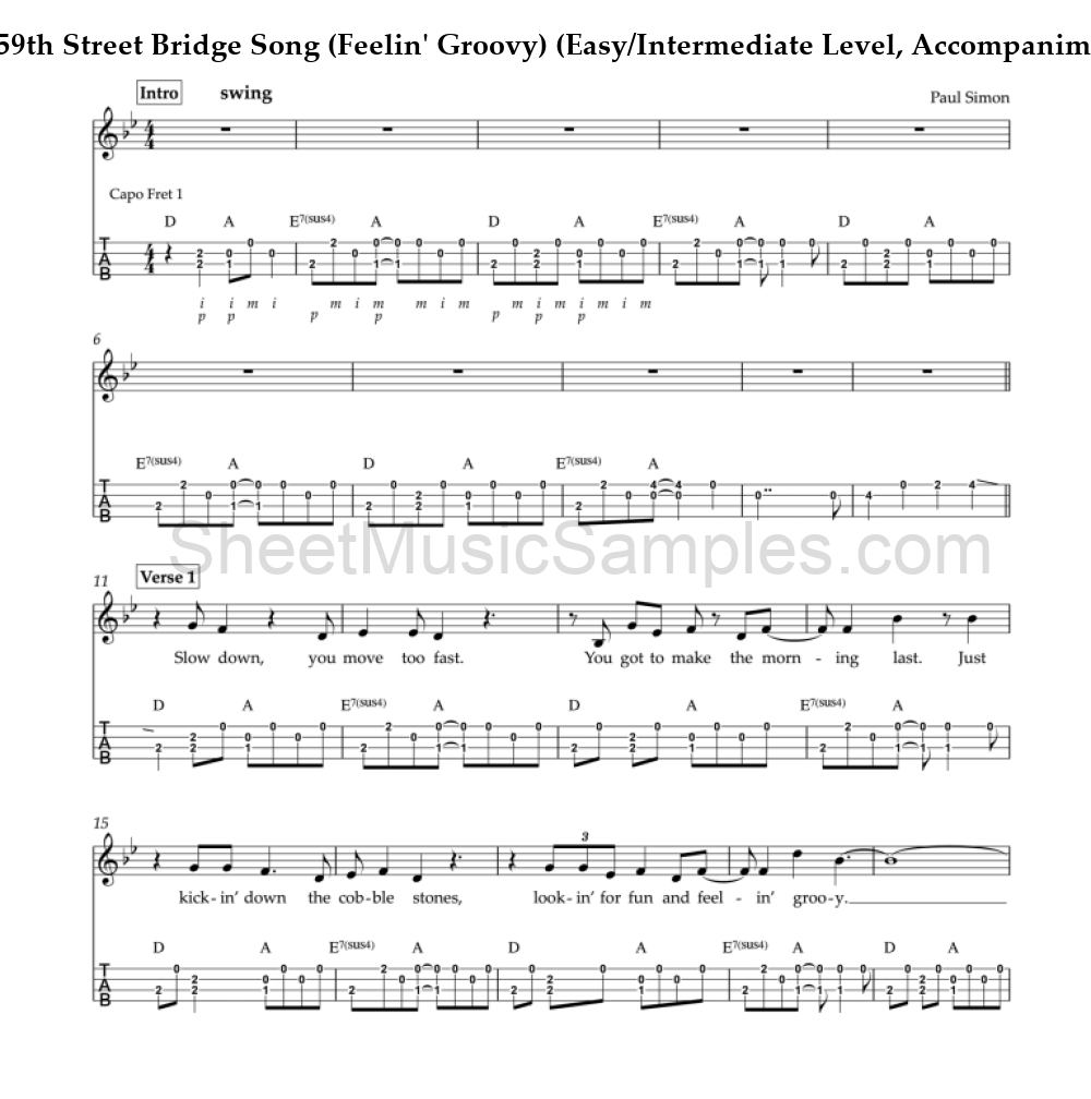 The 59th Street Bridge Song (Feelin' Groovy) (Easy/Intermediate Level, Accompaniment Ukulele)