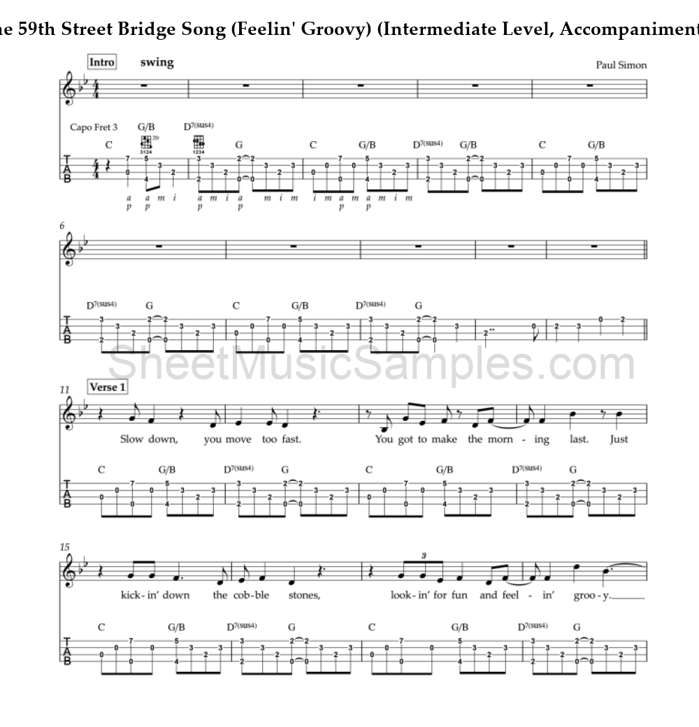 The 59th Street Bridge Song (Feelin' Groovy) (Intermediate Level, Accompaniment Ukulele)