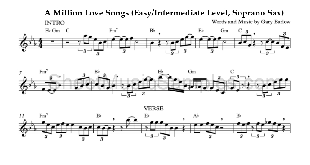 A Million Love Songs (Easy/Intermediate Level, Soprano Sax)