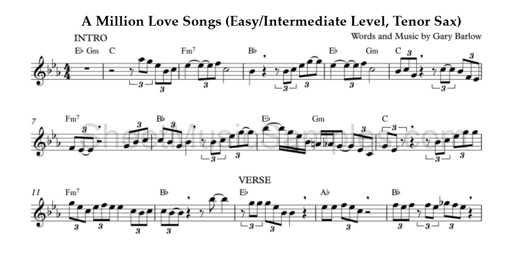 A Million Love Songs (Easy/Intermediate Level, Tenor Sax)