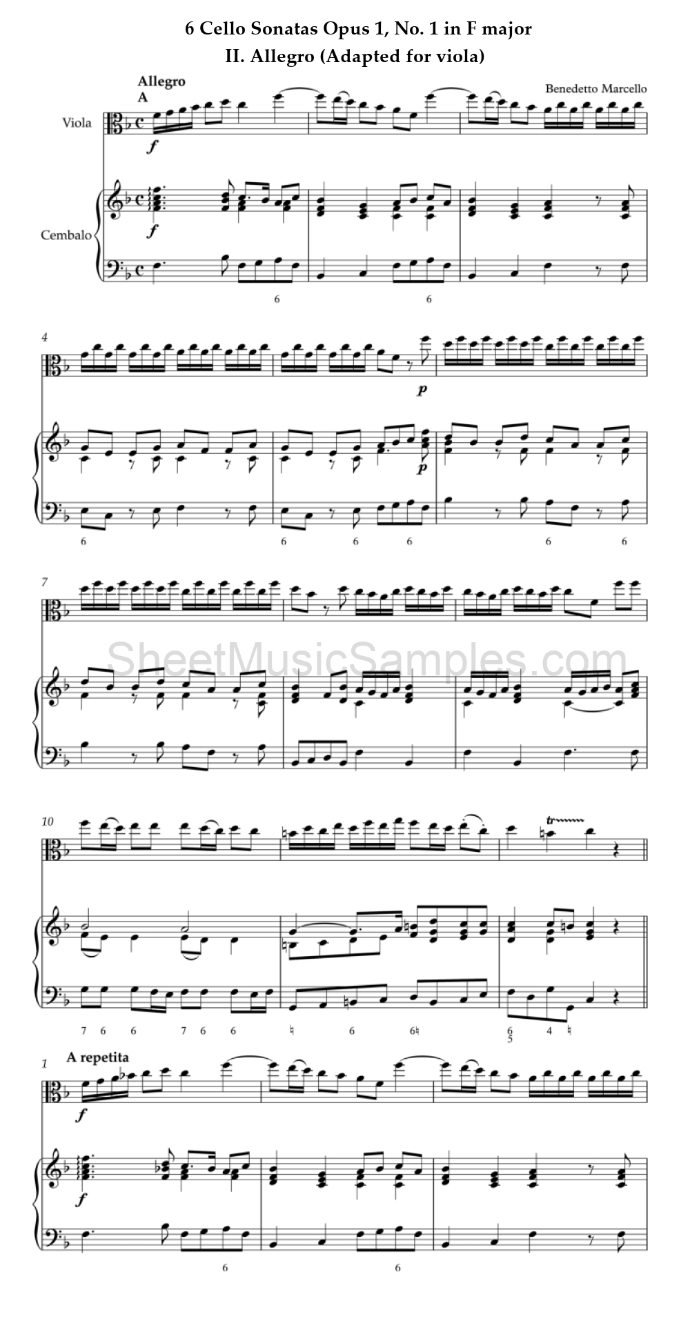 6 Cello Sonatas Opus 1, No. 1 in F major - II. Allegro (Adapted for viola)