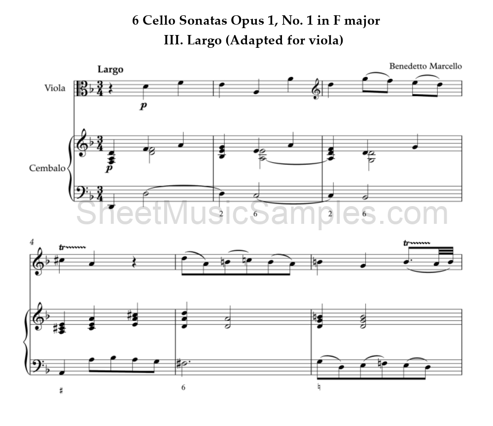 6 Cello Sonatas Opus 1, No. 1 in F major - III. Largo (Adapted for viola)