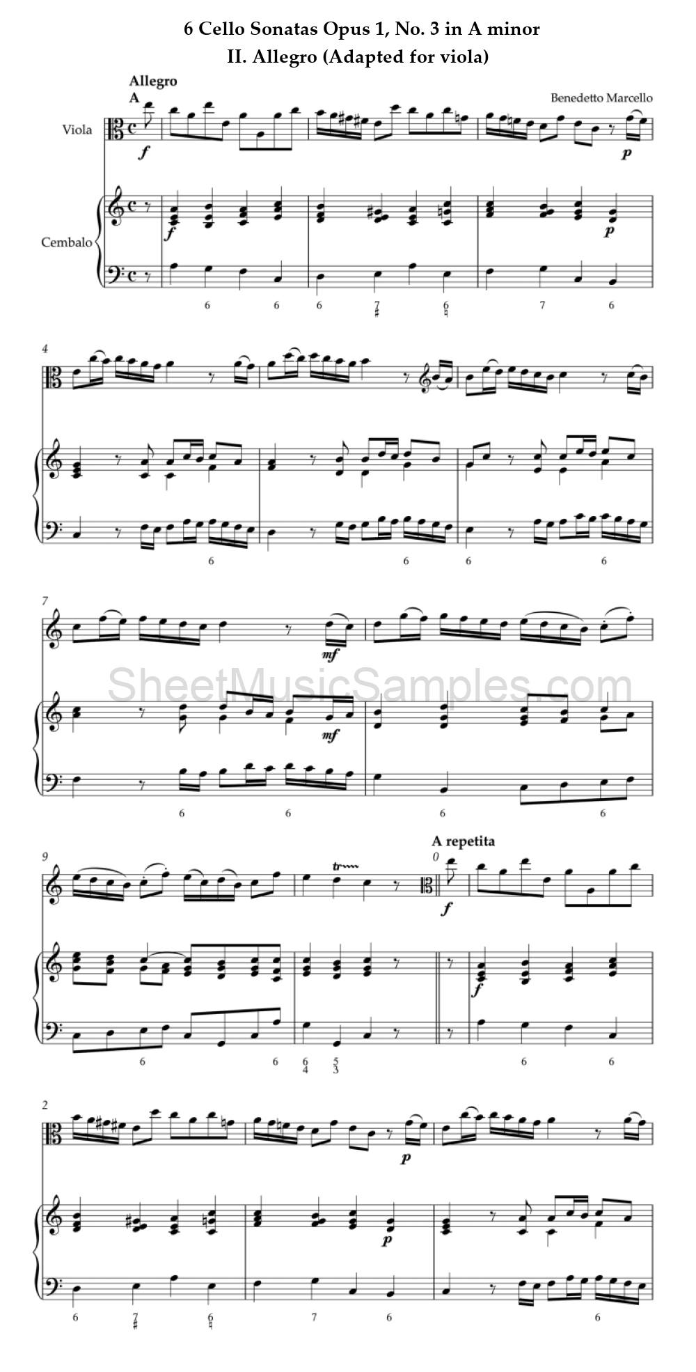 6 Cello Sonatas Opus 1, No. 3 in A minor - II. Allegro (Adapted for viola)