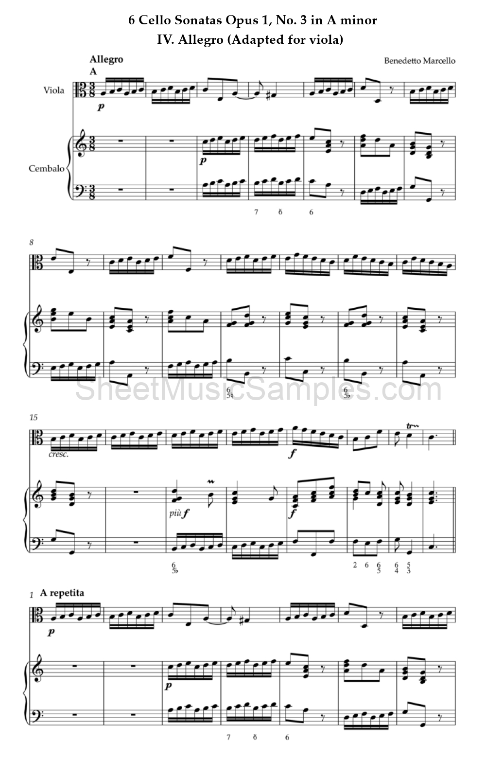 6 Cello Sonatas Opus 1, No. 3 in A minor - IV. Allegro (Adapted for viola)