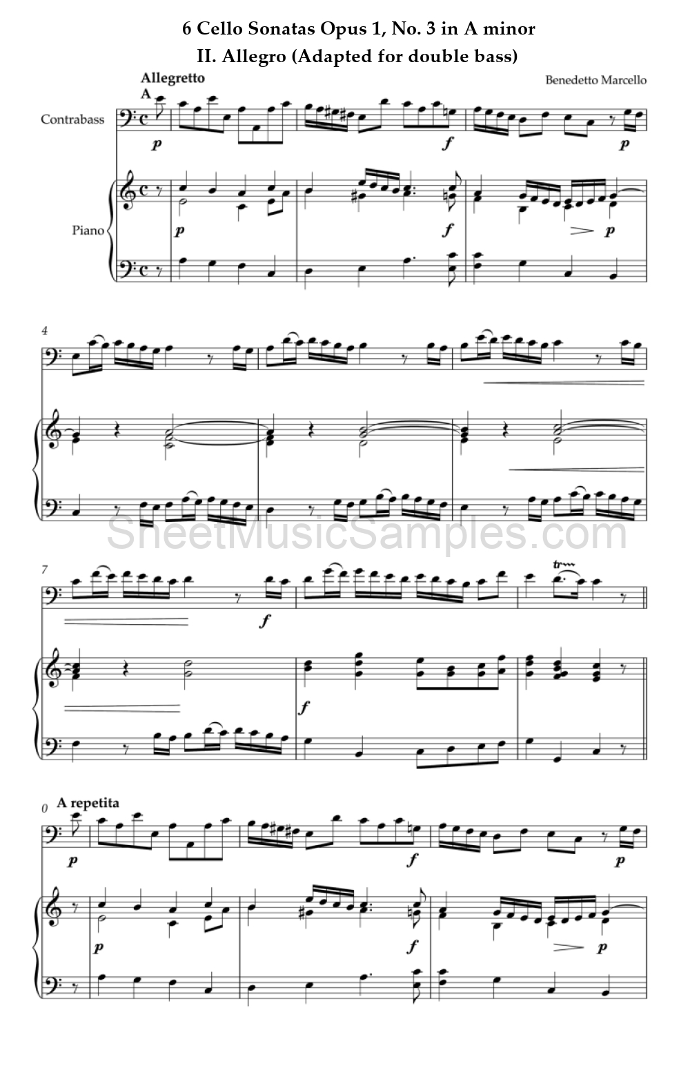 6 Cello Sonatas Opus 1, No. 3 in A minor - II. Allegro (Adapted for double bass)