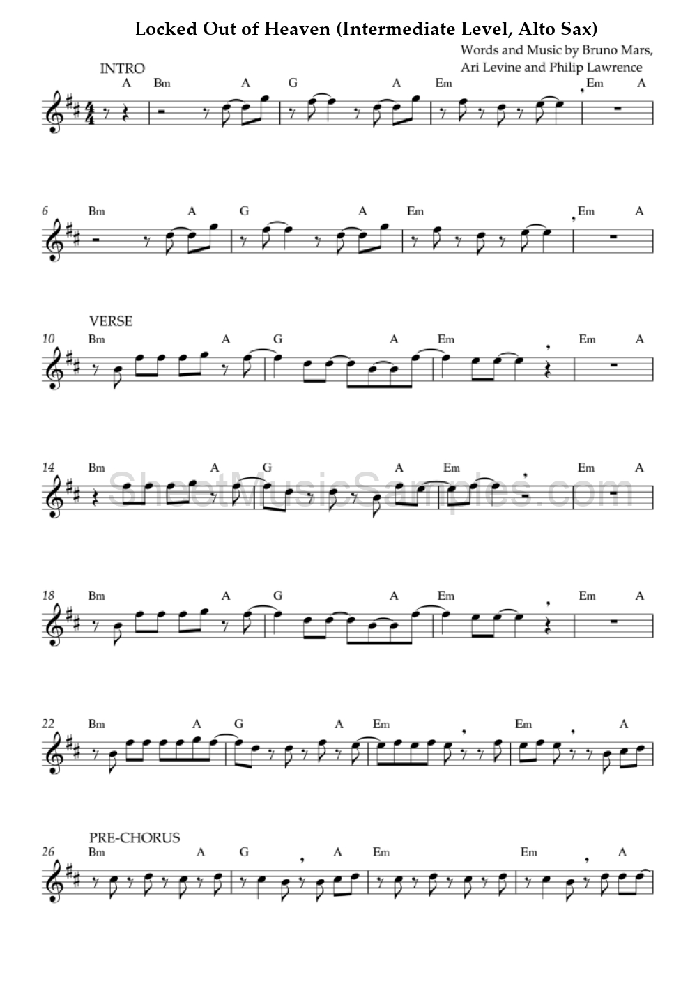 Locked Out of Heaven (Intermediate Level, Alto Sax)