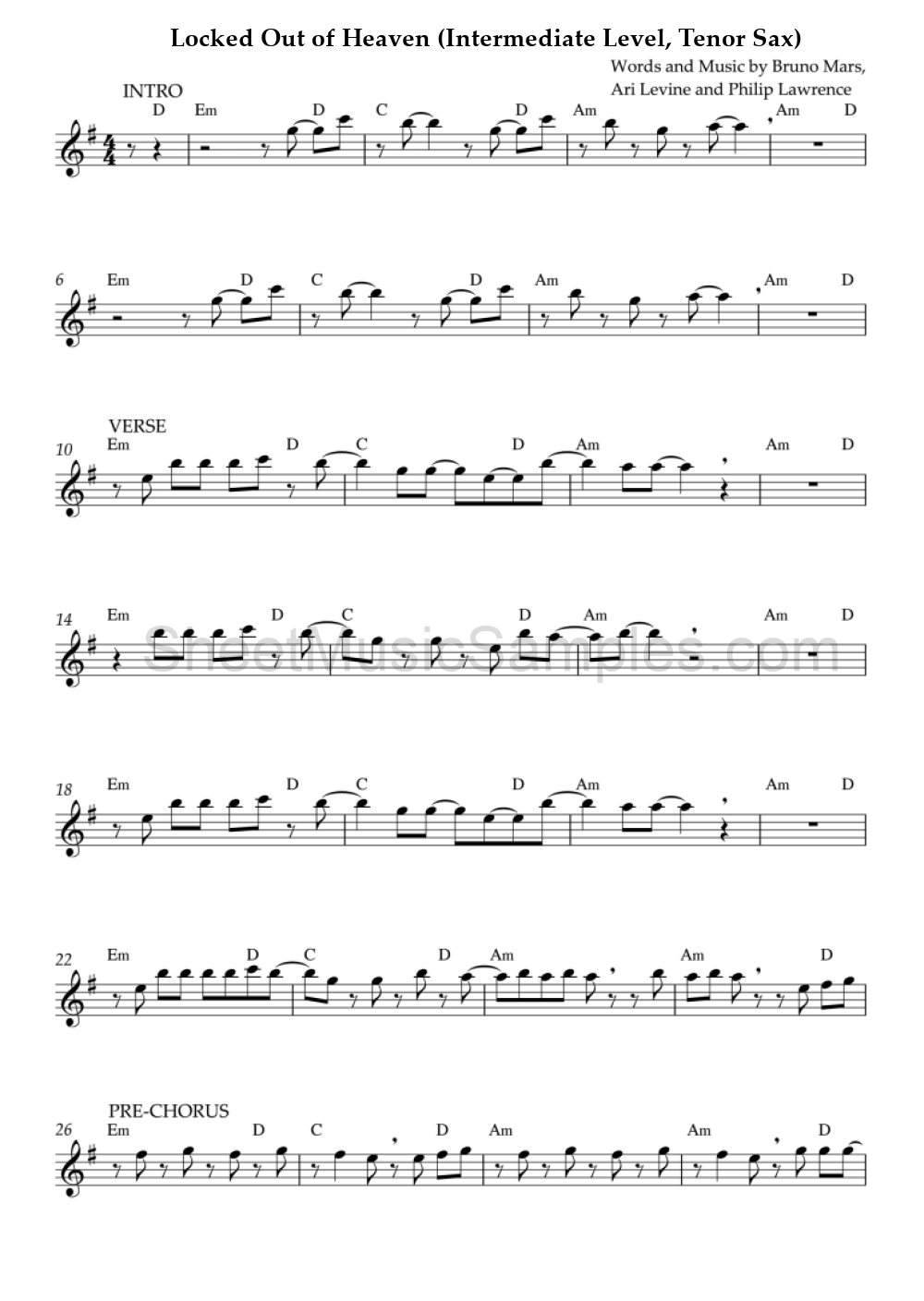 Locked Out of Heaven (Intermediate Level, Tenor Sax)