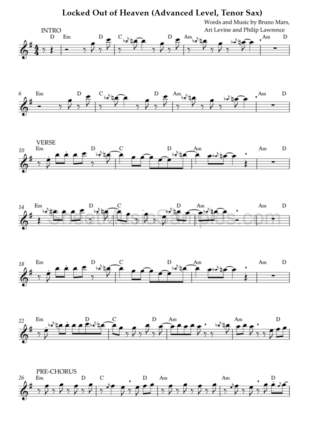 Locked Out of Heaven (Advanced Level, Tenor Sax)