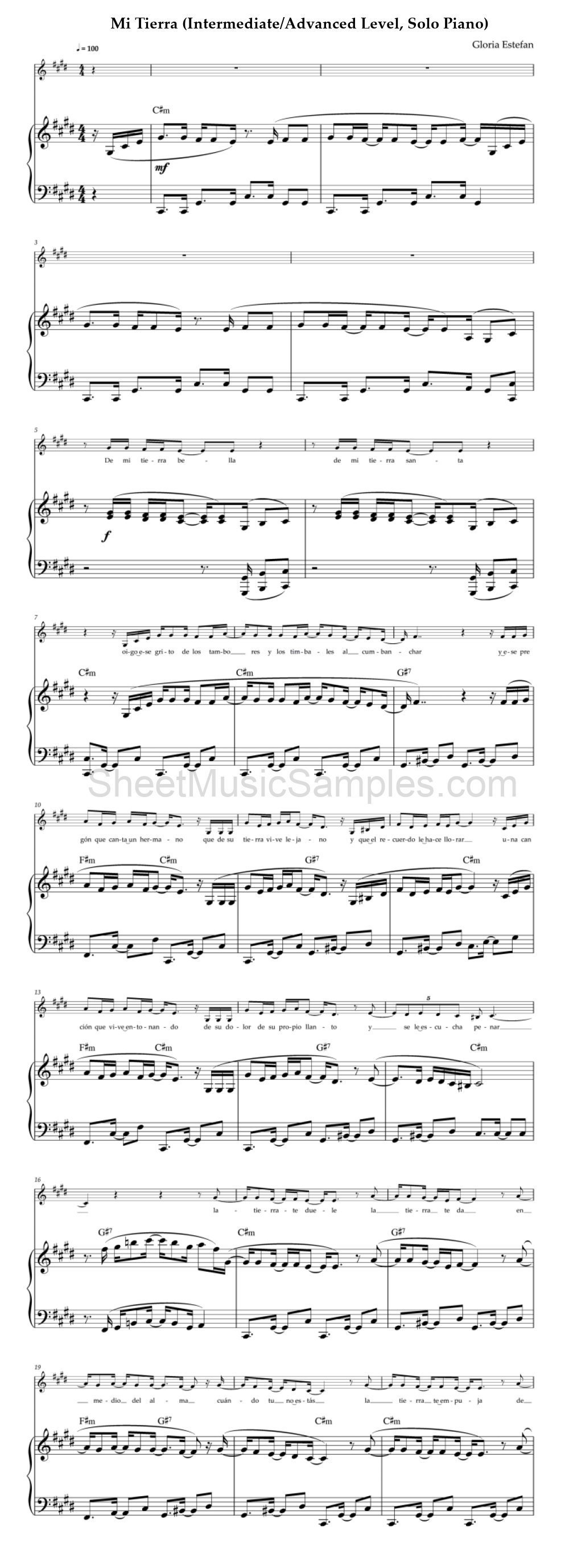 Mi Tierra (Intermediate/Advanced Level, Solo Piano)