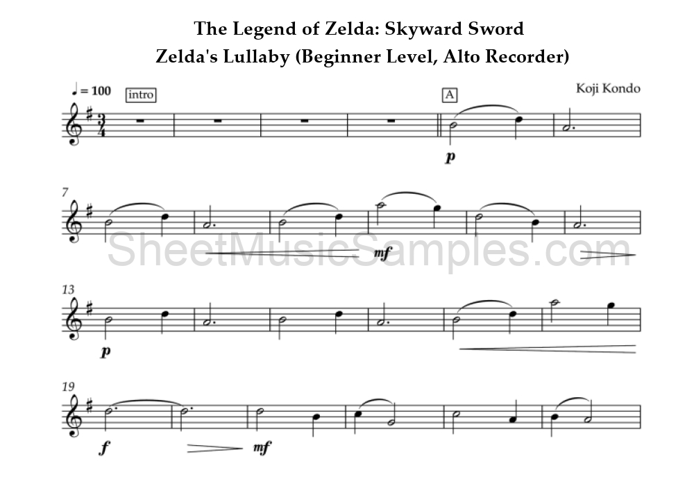 The Legend of Zelda: Skyward Sword - Zelda's Lullaby (Beginner Level, Alto Recorder)