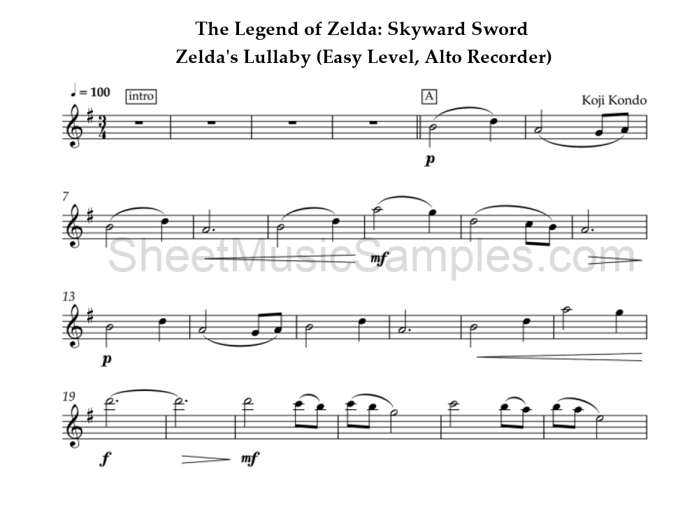 The Legend of Zelda: Skyward Sword - Zelda's Lullaby (Easy Level, Alto Recorder)