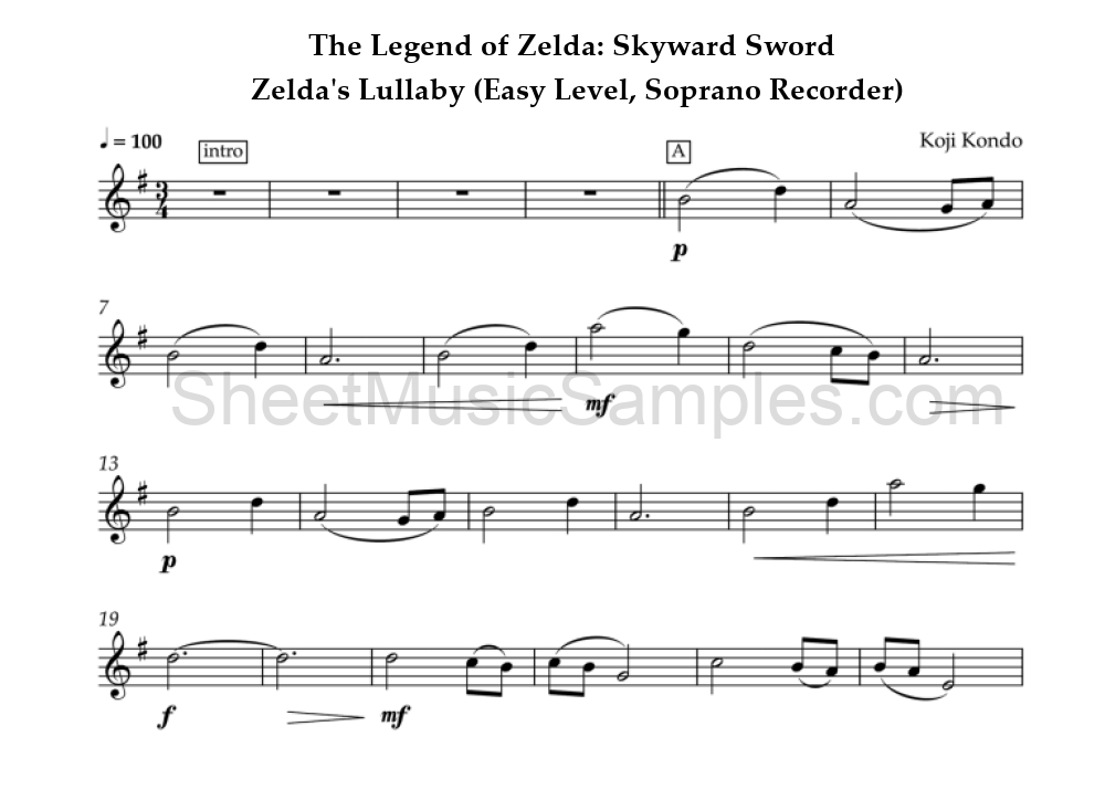 The Legend of Zelda: Skyward Sword - Zelda's Lullaby (Easy Level, Soprano Recorder)