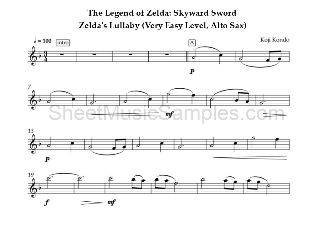 The Legend of Zelda: Skyward Sword - Zelda's Lullaby (Very Easy Level, Alto Sax)