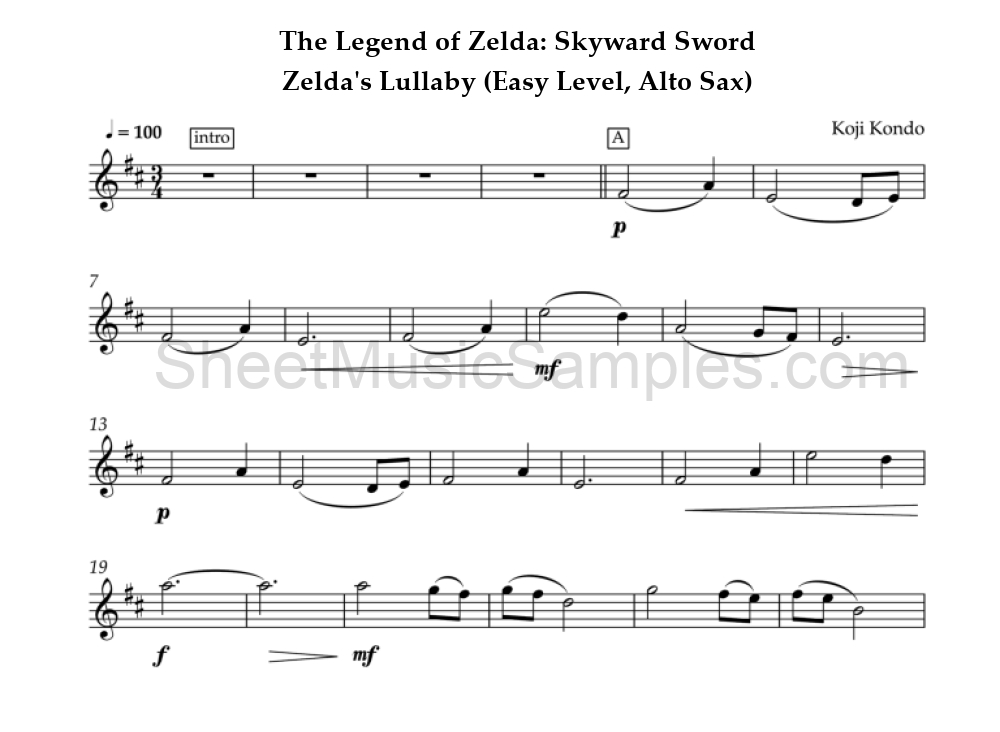 The Legend of Zelda: Skyward Sword - Zelda's Lullaby (Easy Level, Alto Sax)