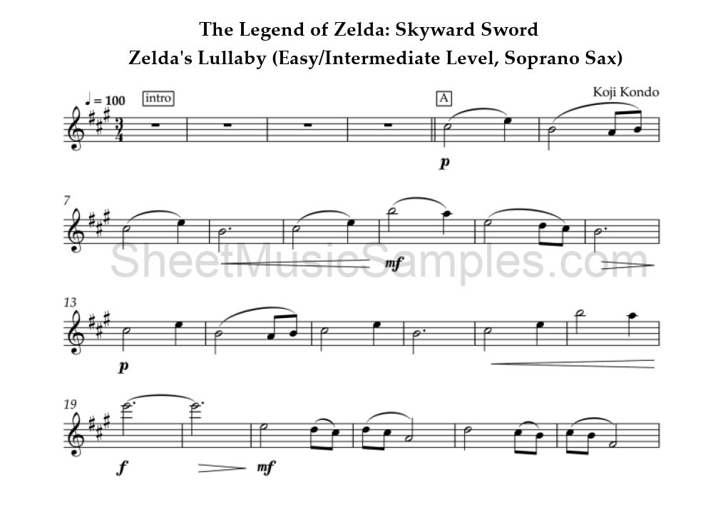 The Legend of Zelda: Skyward Sword - Zelda's Lullaby (Easy/Intermediate Level, Soprano Sax)