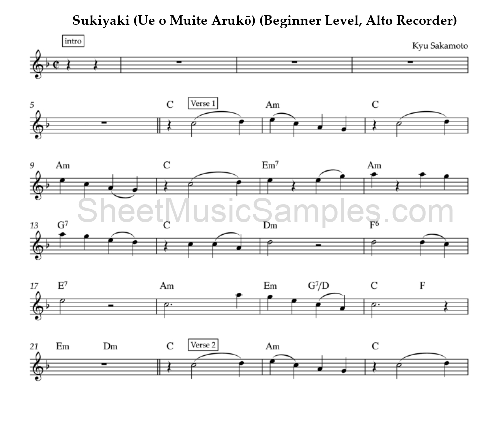 Sukiyaki (Ue o Muite Arukō) (Beginner Level, Alto Recorder)