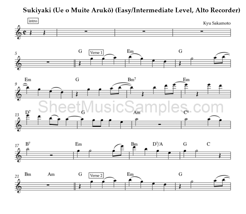 Sukiyaki (Ue o Muite Arukō) (Easy/Intermediate Level, Alto Recorder)