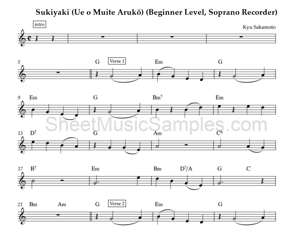 Sukiyaki (Ue o Muite Arukō) (Beginner Level, Soprano Recorder)