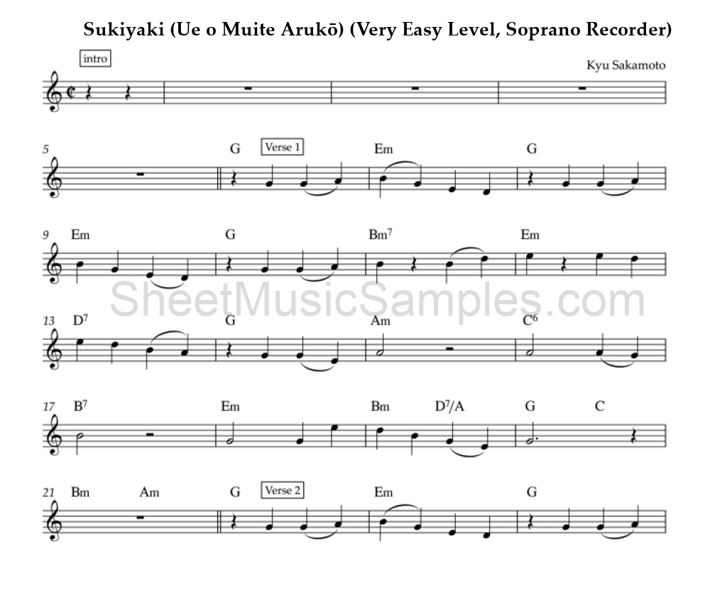 Sukiyaki (Ue o Muite Arukō) (Very Easy Level, Soprano Recorder)