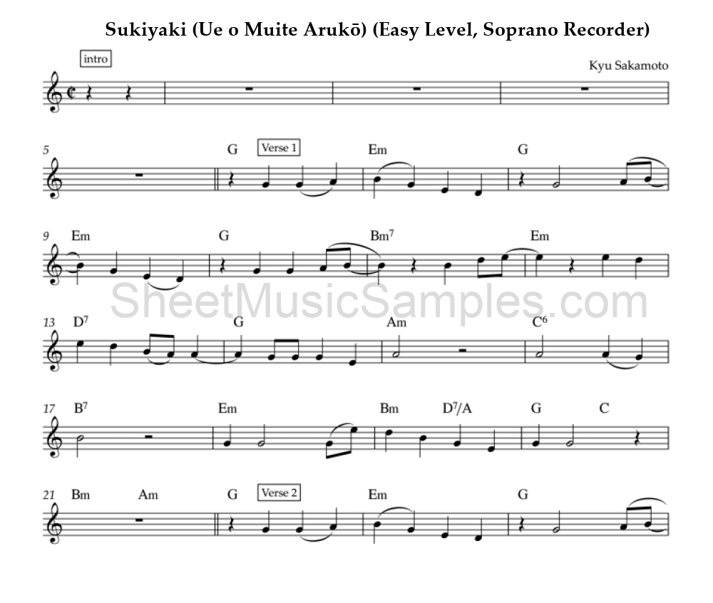 Sukiyaki (Ue o Muite Arukō) (Easy Level, Soprano Recorder)